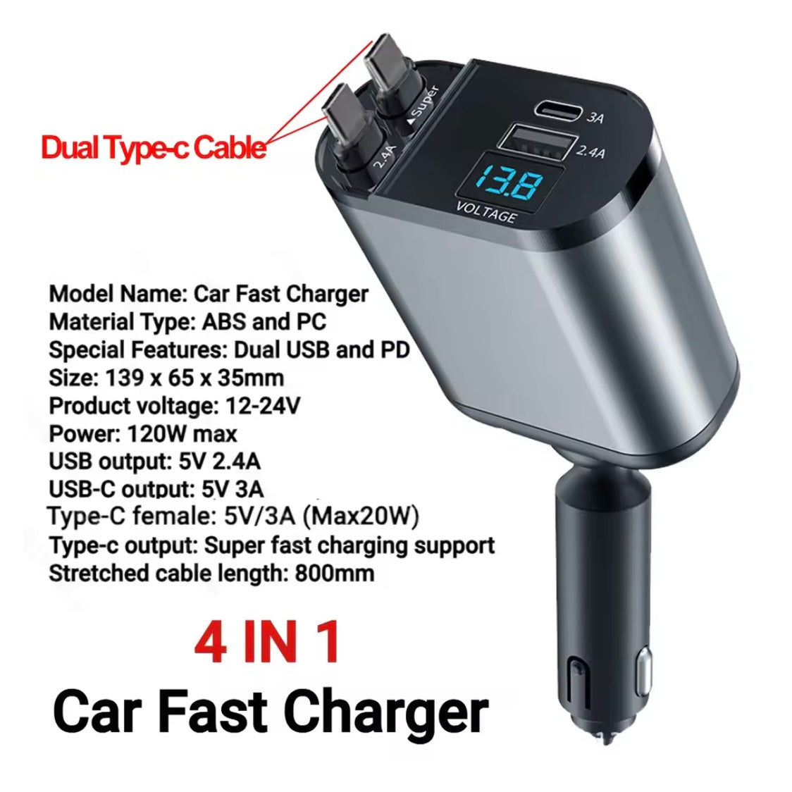 120W Retractable Car Charger, 4-in-1