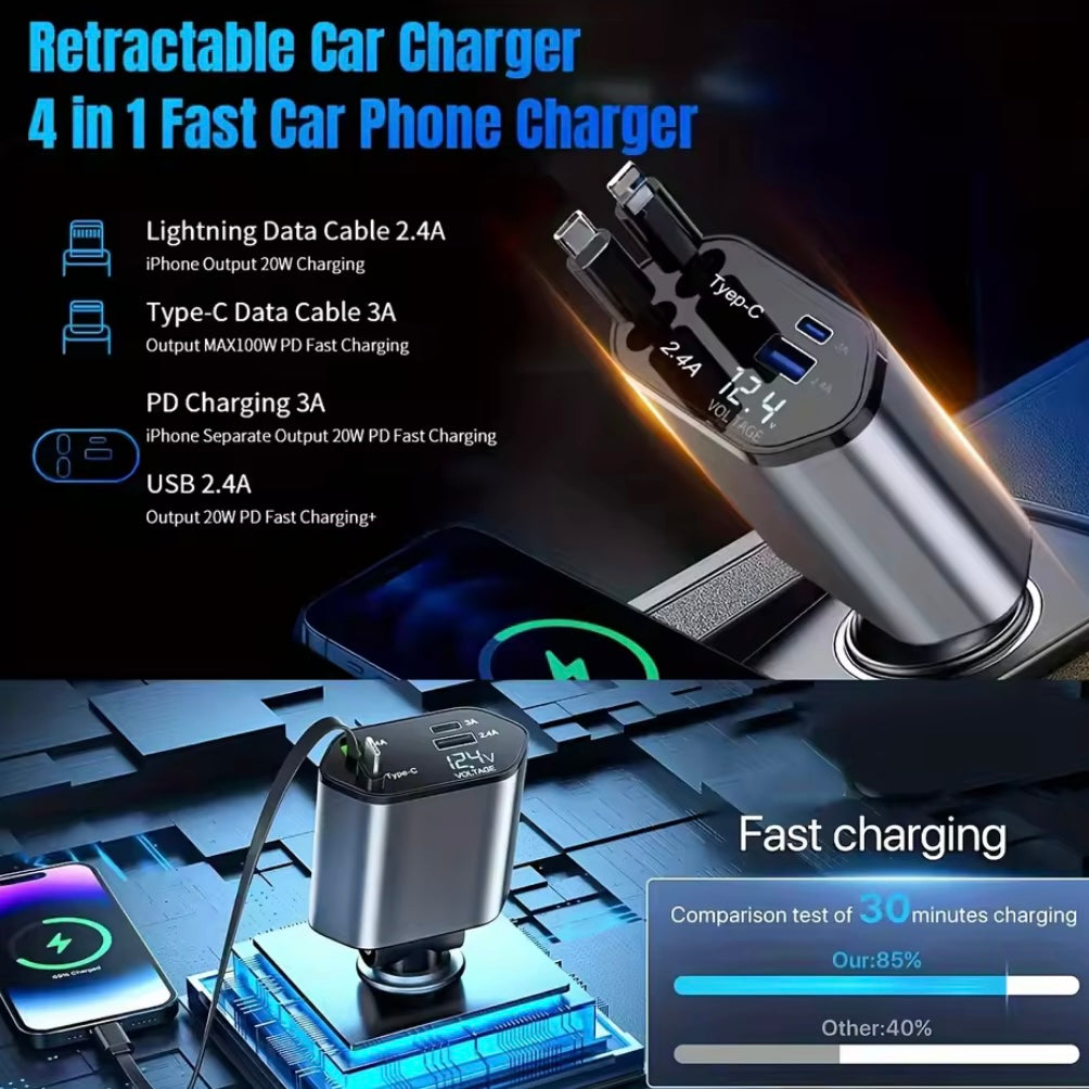 120W Retractable Car Charger, 4-in-1